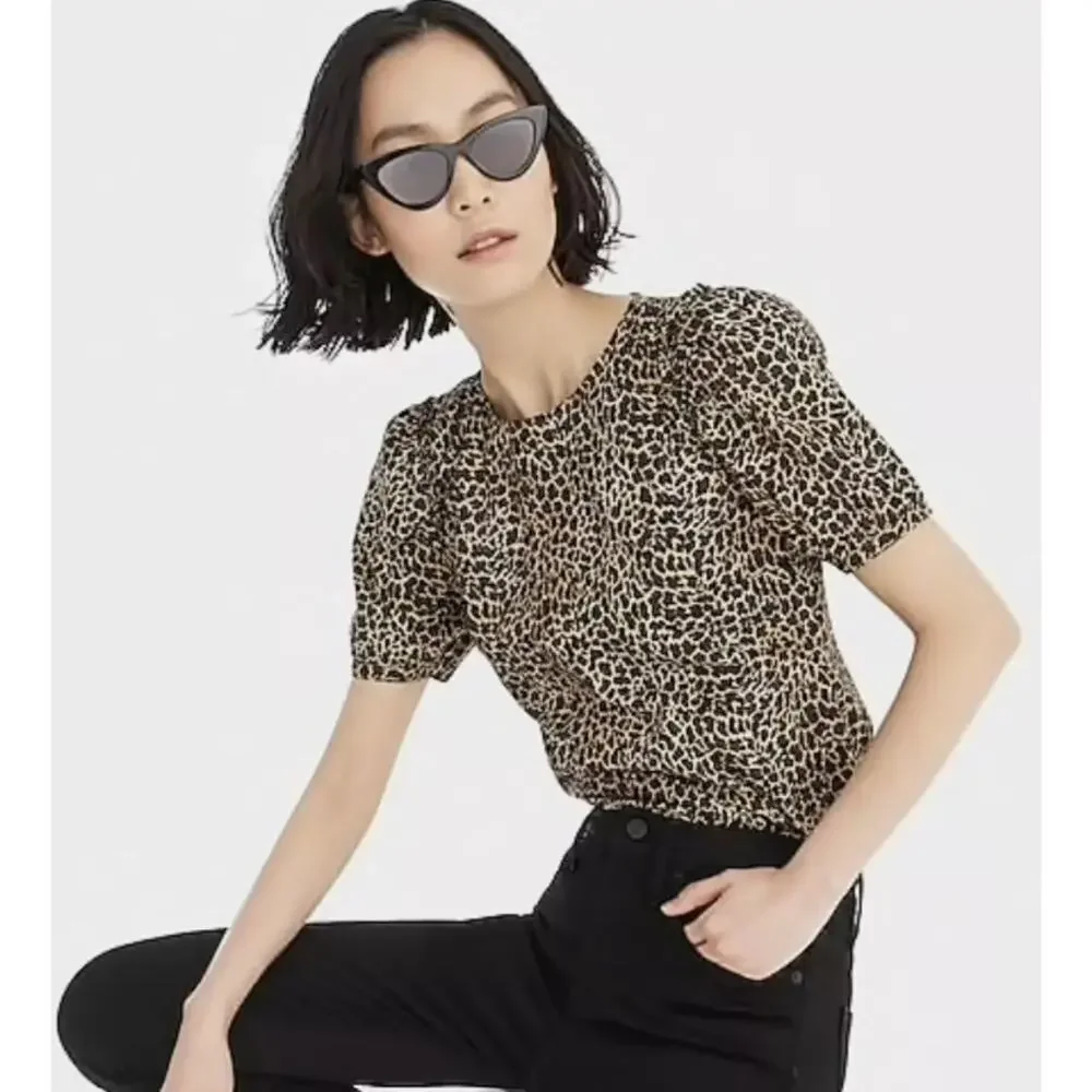 J CREW Leopard Puff-sleeve Top XS (runs big)  Stretch Cotton Poplin Tan Black